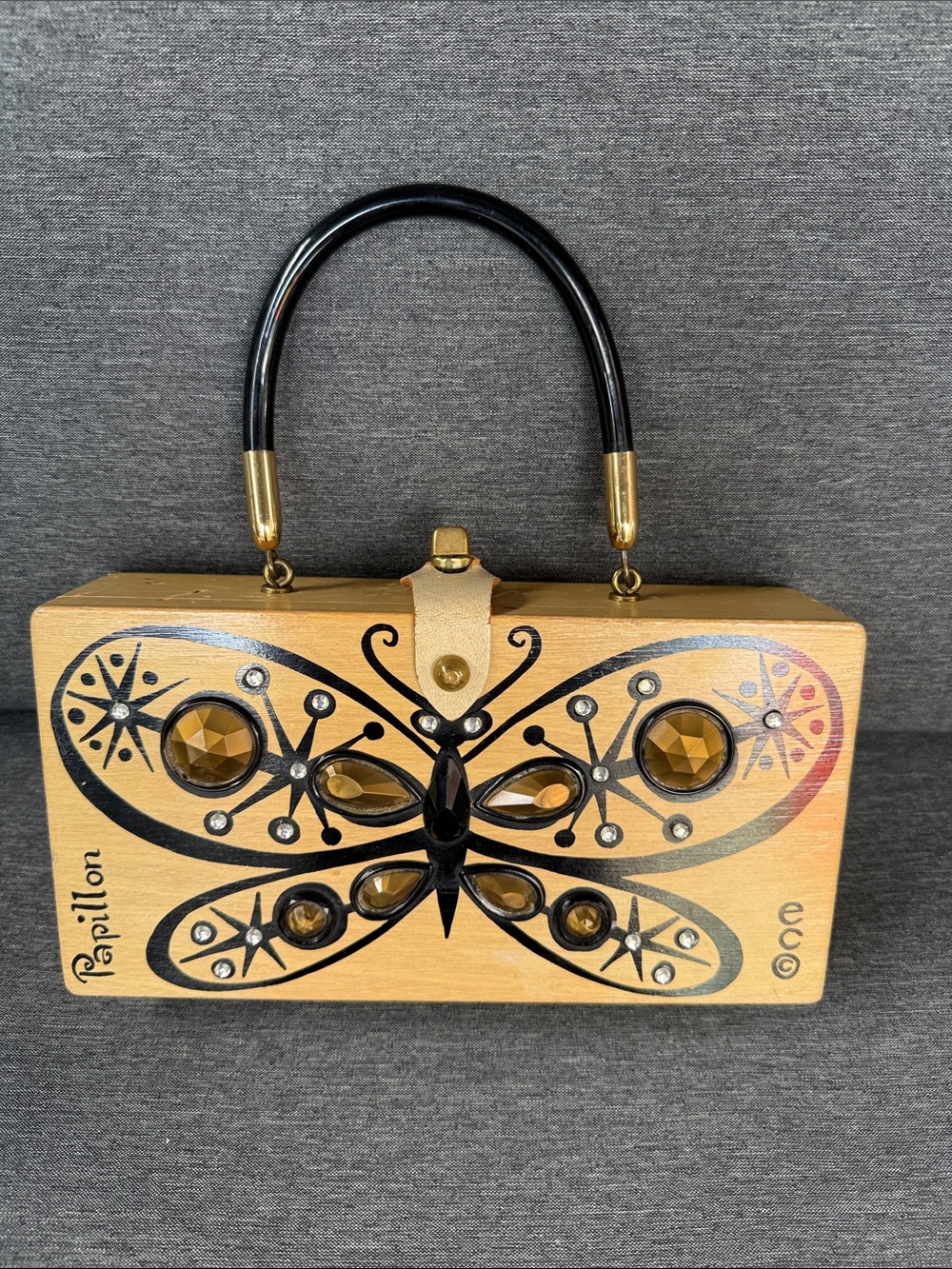Gold Butterfly Appliqué Box Clutch with Black Handle